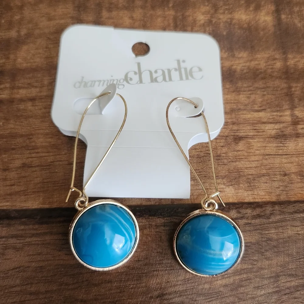 Charming Charlie Gold and Blue Necklace and Earring Set - Picture 2 of 4